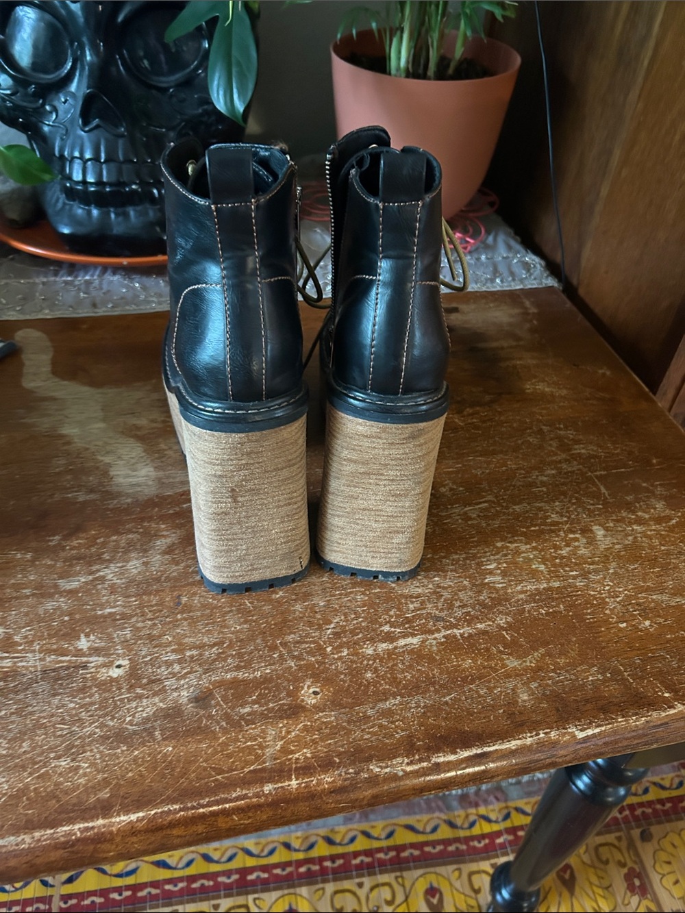 Current Mood Black Platform Lace-Up Ankle Boots with Tan Wood-Effect Heel - Picture 3 of 4